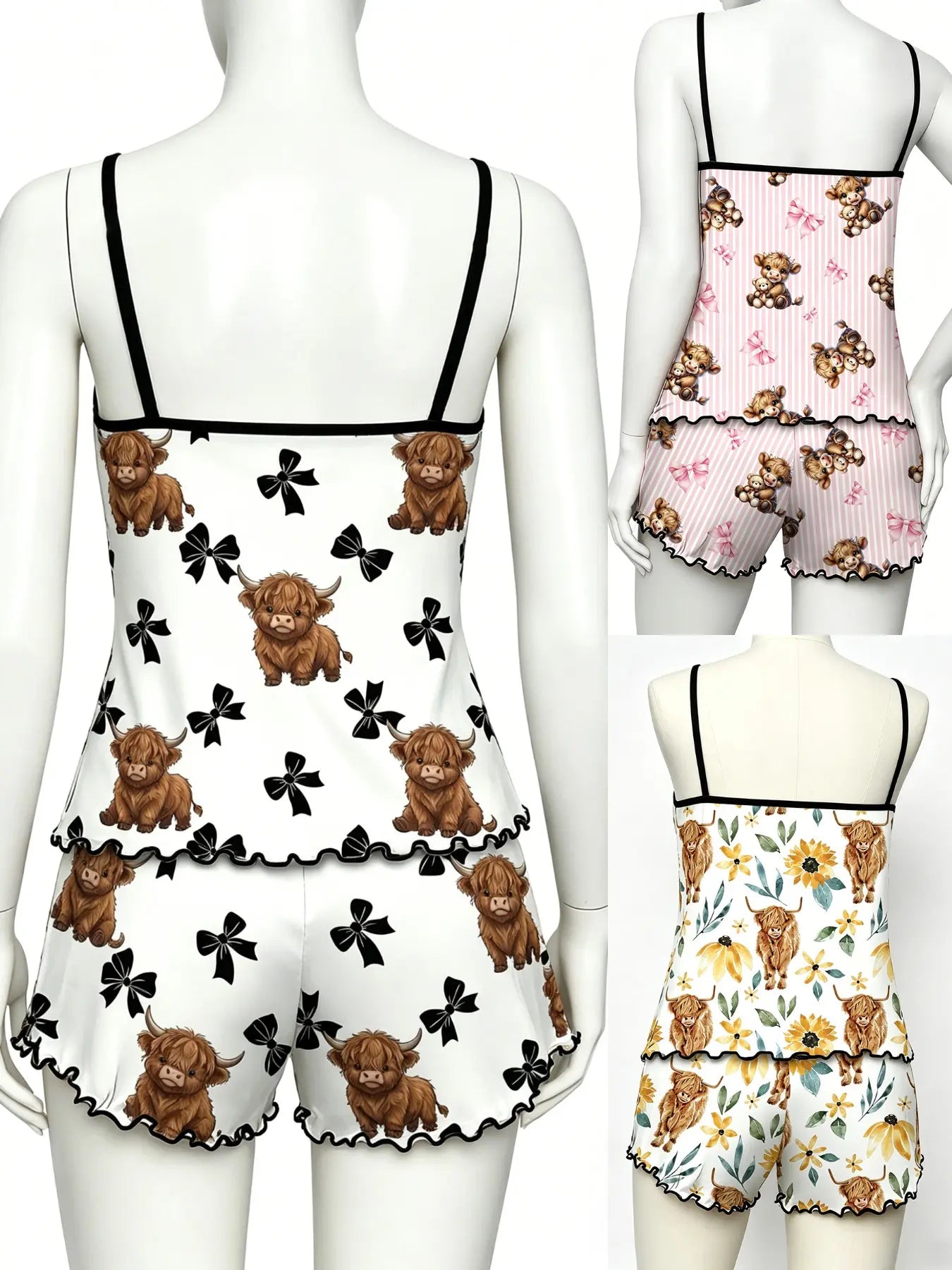 Cherry Print Halter Short Pajamas, Ruffle Trim Design, Sweet Girl Style, Breathable Home Sleepwear, 3-Piece Set