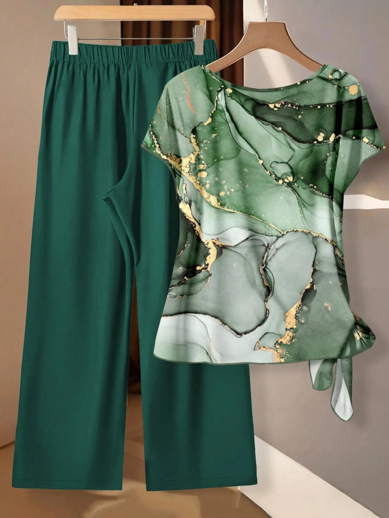 Women's Casual Printed Necktie Shirt and Loose Straight Pants Set, Perfect for Spring and Summer, Comfortable Two-Piece