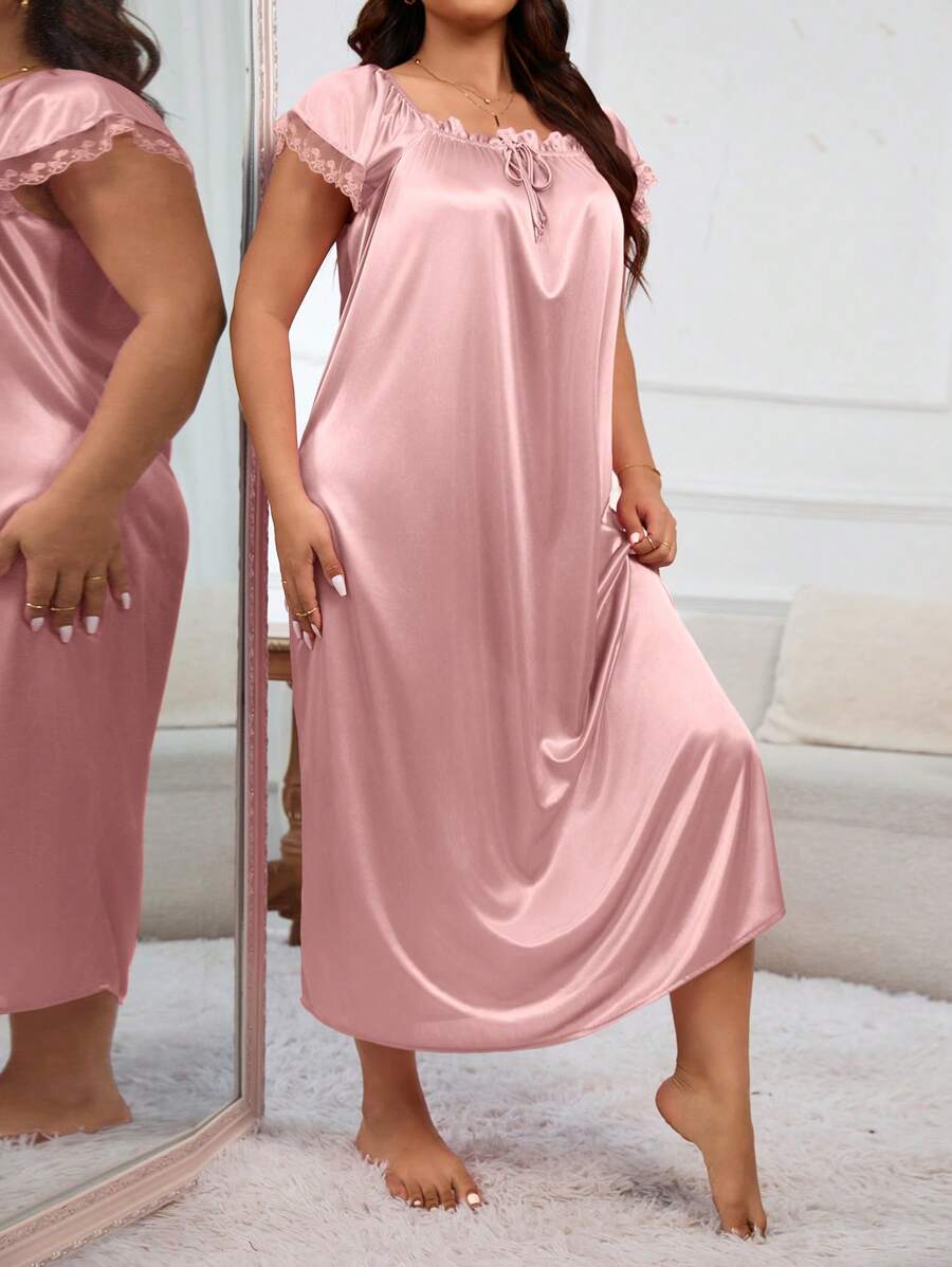 MuseNap CURVE Plus Size Women Pleated Square Collar Embroidered Satin Nightgown