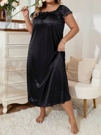 MuseNap CURVE Plus Size Women Pleated Square Collar Embroidered Satin Nightgown