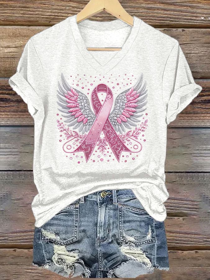 Women's casual pink ribbon wings T-shirt
