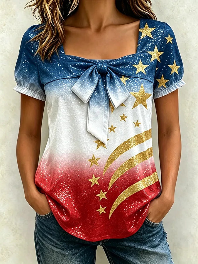 Women's Patriotic Commemorative Art Design Square Neck Retro Short Sleeve T-shirt