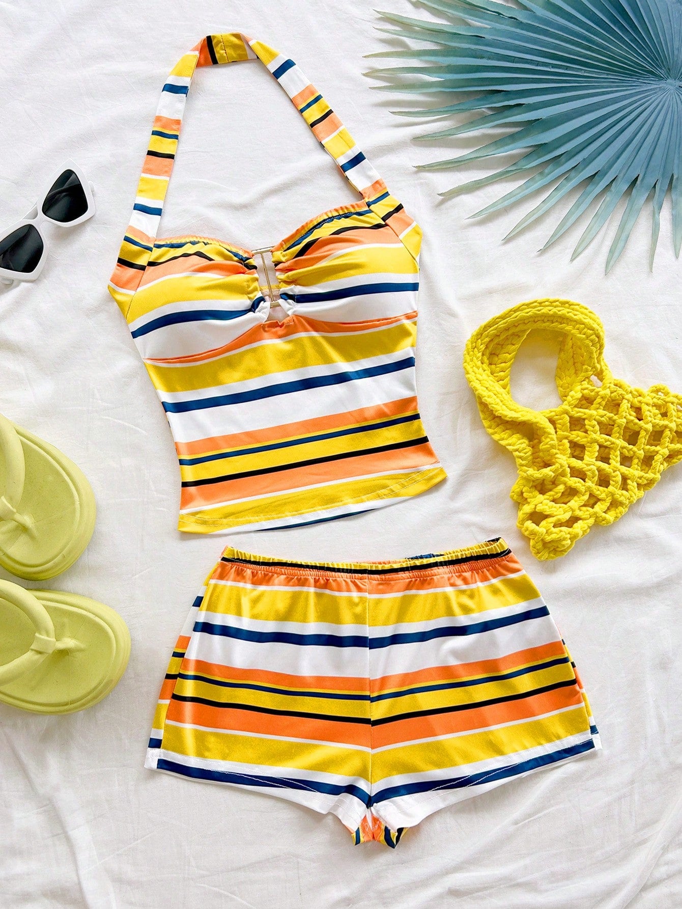 Soleia Women's Vacation Striped Halter Top And Shorts Casual 2 Pieces Set