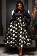 Satin Lantern Sleeve Cutout Floral Print A-Line Midi Dresses-Black [Pre Order]