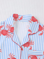 2pcs Women's Pajama Set, Striped Crab Print, Women's Loungewear, Spring/Summer Holiday Outfit, Short Sleeve Lapel Top And Shorts Set Suitable For Outdoor Wear