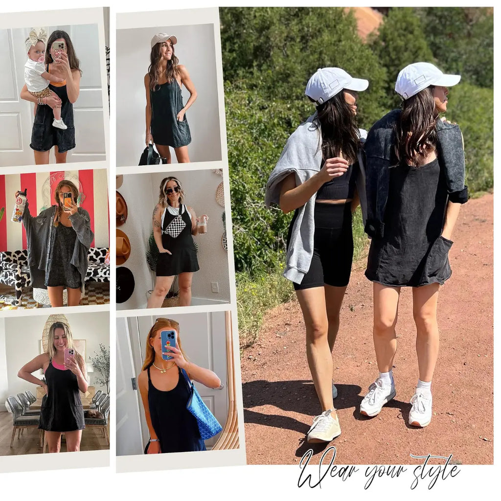 Women's Summer Sleeveless Mini Dress V Neck Spaghetti Straps Athletic Built-in Shorts Sundress SummerVibes