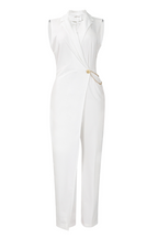 Deep V Neck Overlay Straight Leg Sleeveless Plain Jumpsuit-White