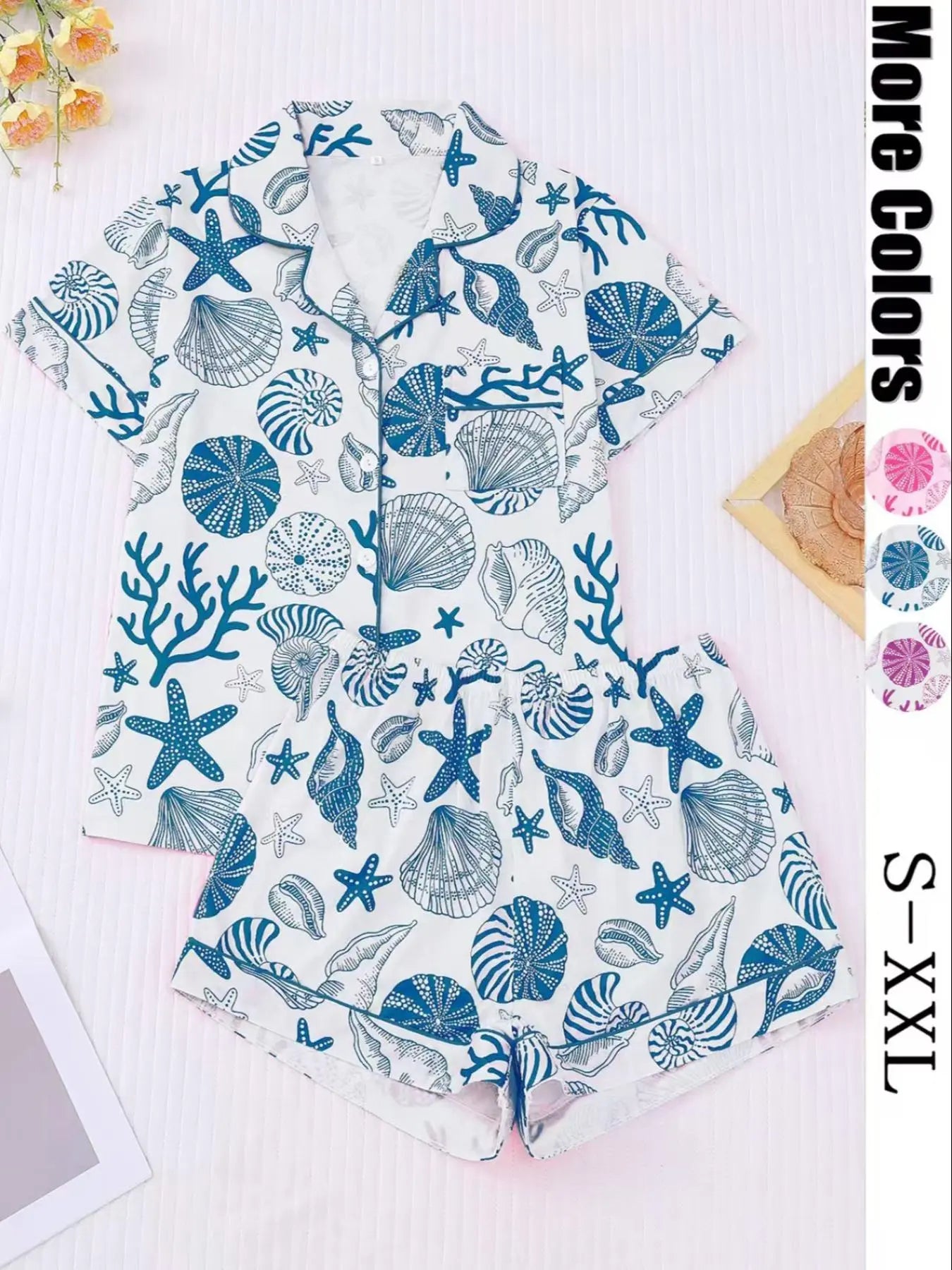 Women's All Over Shell Print Short Sleeve Pajama Two-piece Set
