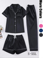 Women's Solid Satin Pyjama Three-piece Set
