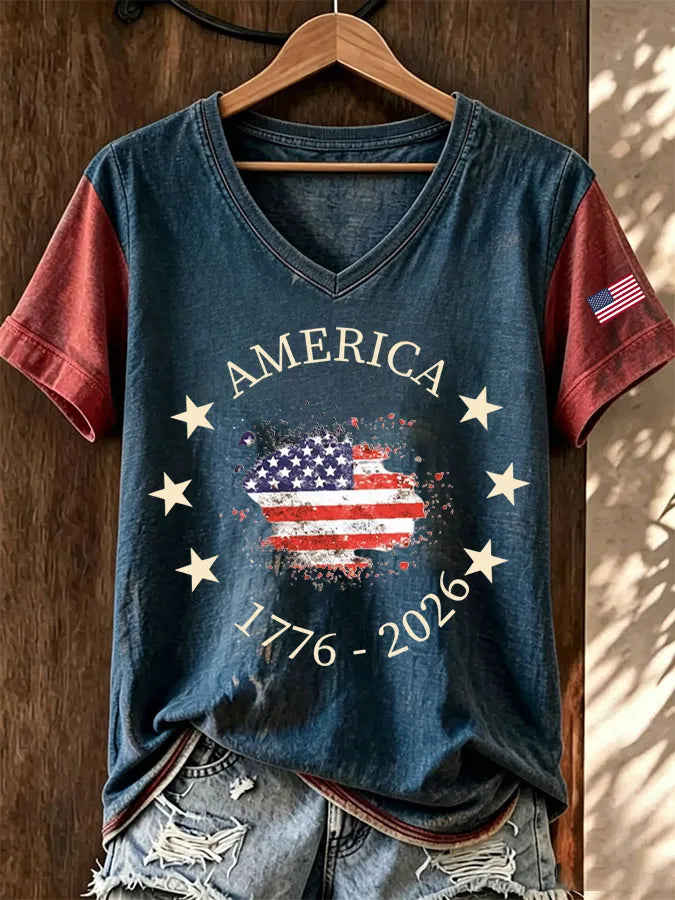 Women's America 1776-2026 Rhinestone Pattern T-Shirt