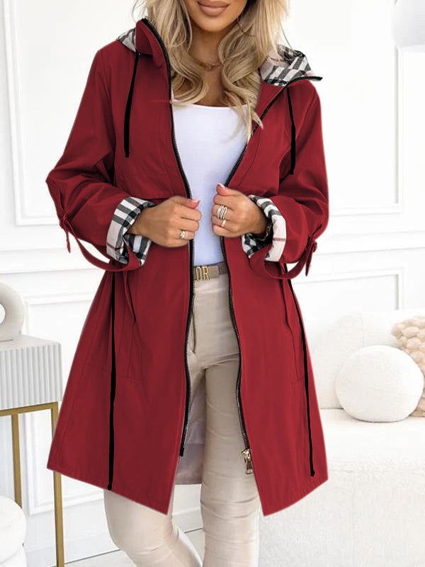 Women's Hooded Zipper Drawstring Plaid Print Casual Long Coat-XS-3XL