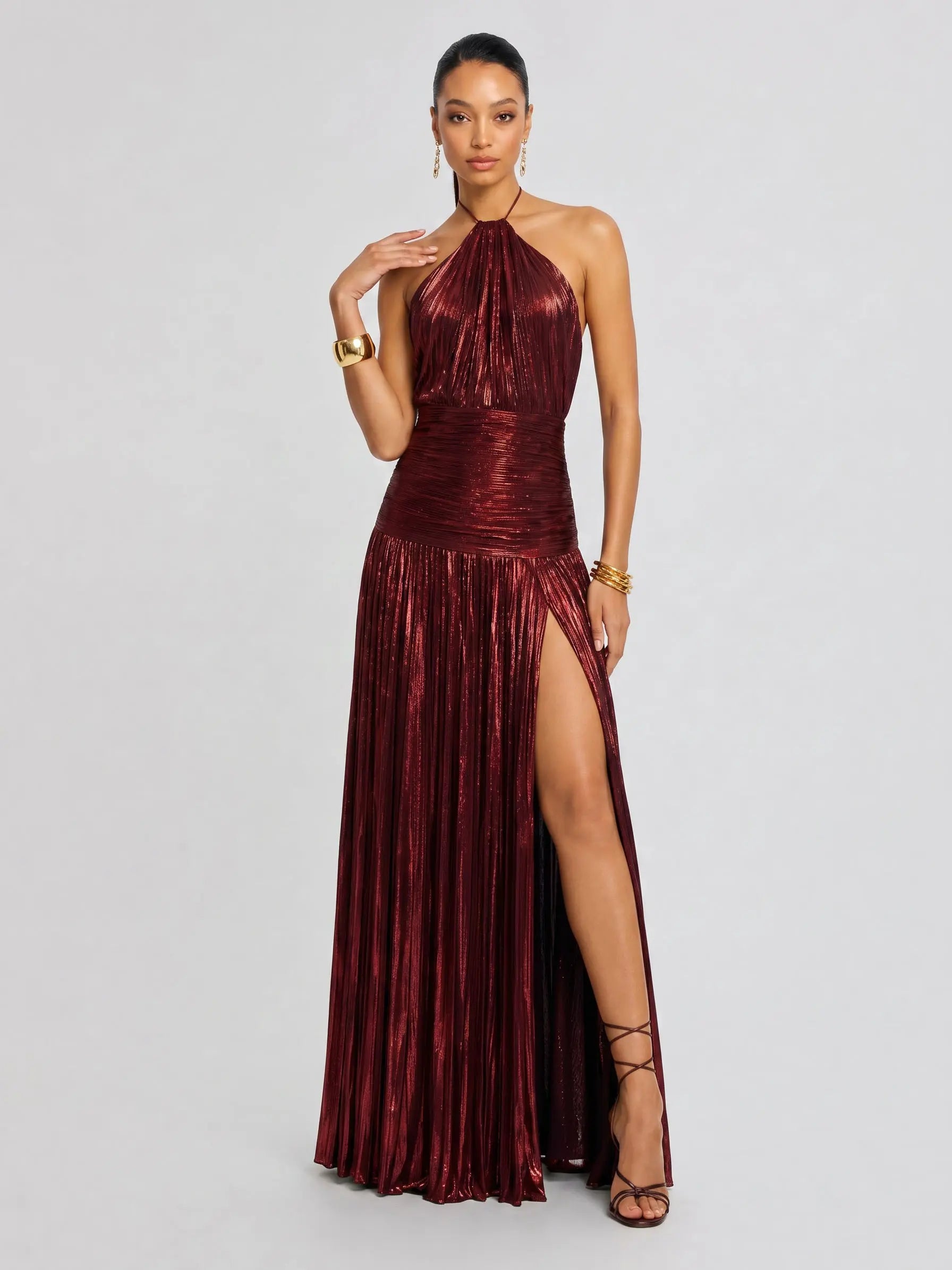 LikeMyChoice 2026 Metallic Olive Gold Maxi Dress for Formal Events