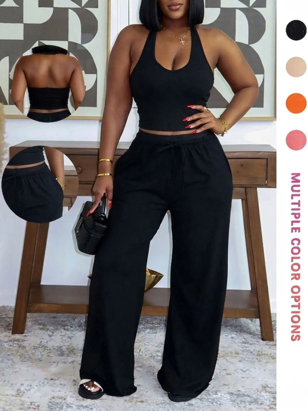 Summer Women's Halter Neck Slimming Top & Wide-Leg Pants