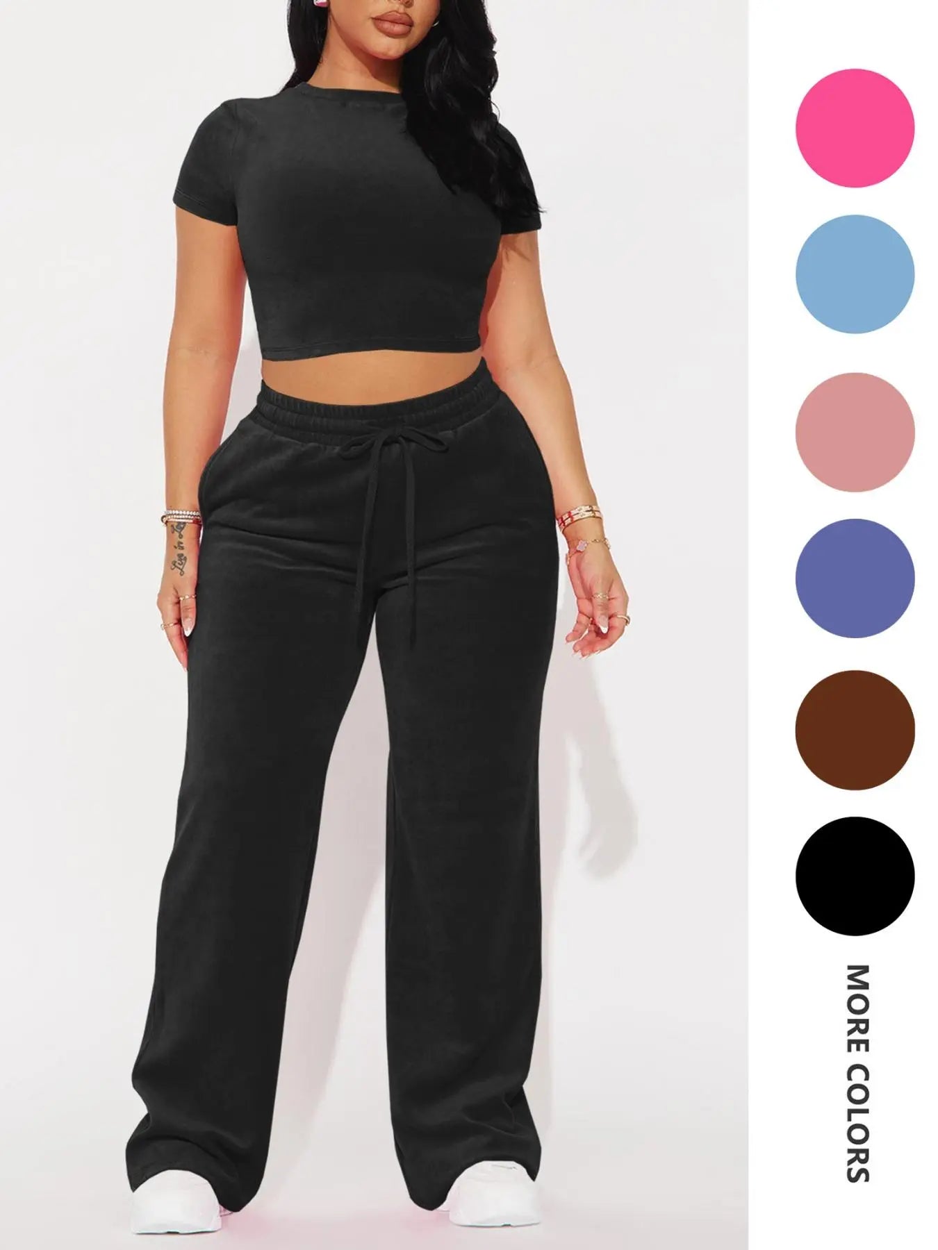 Two-piece Set Women's Solid Crop Tee & Drawstring Waist Pants Velvet Set, Casual Short Sleeve Round Neck T-shirt & Elastic Waist Trousers, Ladies Summer Clothes, Casual Matching Set