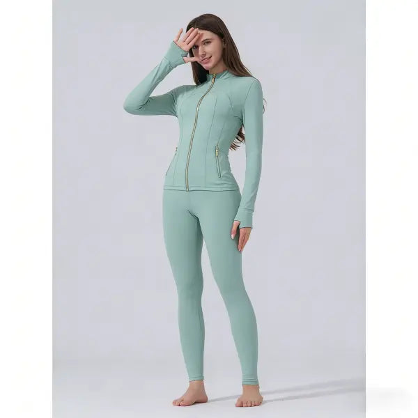 【Golden Zipper】Soft Brushed Women's Sport | Yoga | Quick-dry | Workout Jacket & High Waisted Cropped Leggings. Golden Zipper Jacket with Pockets, Yoga Pants, Thumbholes Design, Casual Slim fit Wear for Women