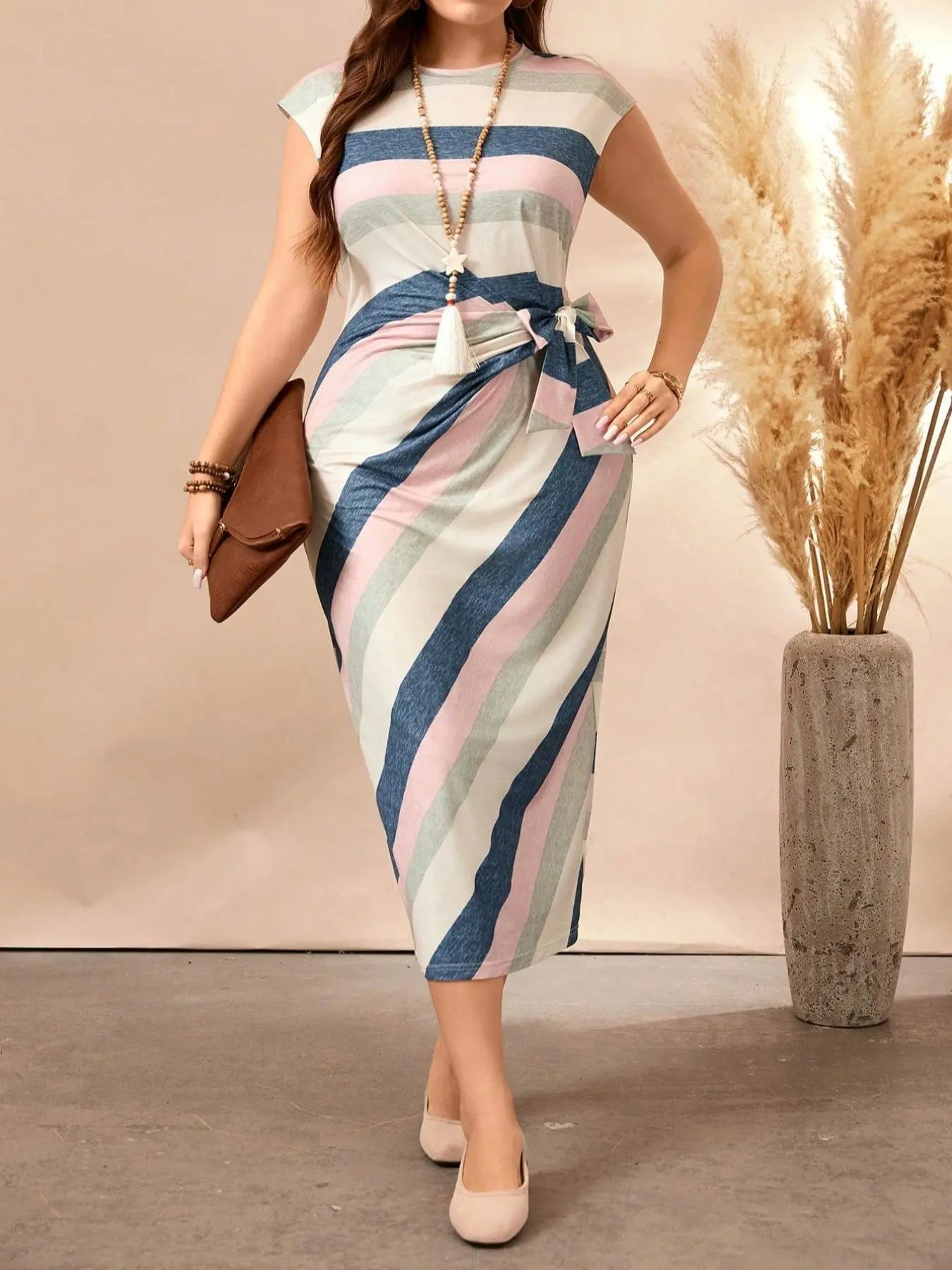 Plus Size Striped Print Dress for Casual Wear