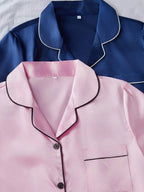 LuxeNights 4pcs/Set Faux Silk Lapel Cardigan & Shorts Pajama Set
