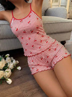Softscene Women's Striped Cherry Print Camisole & Shorts Pajama Set