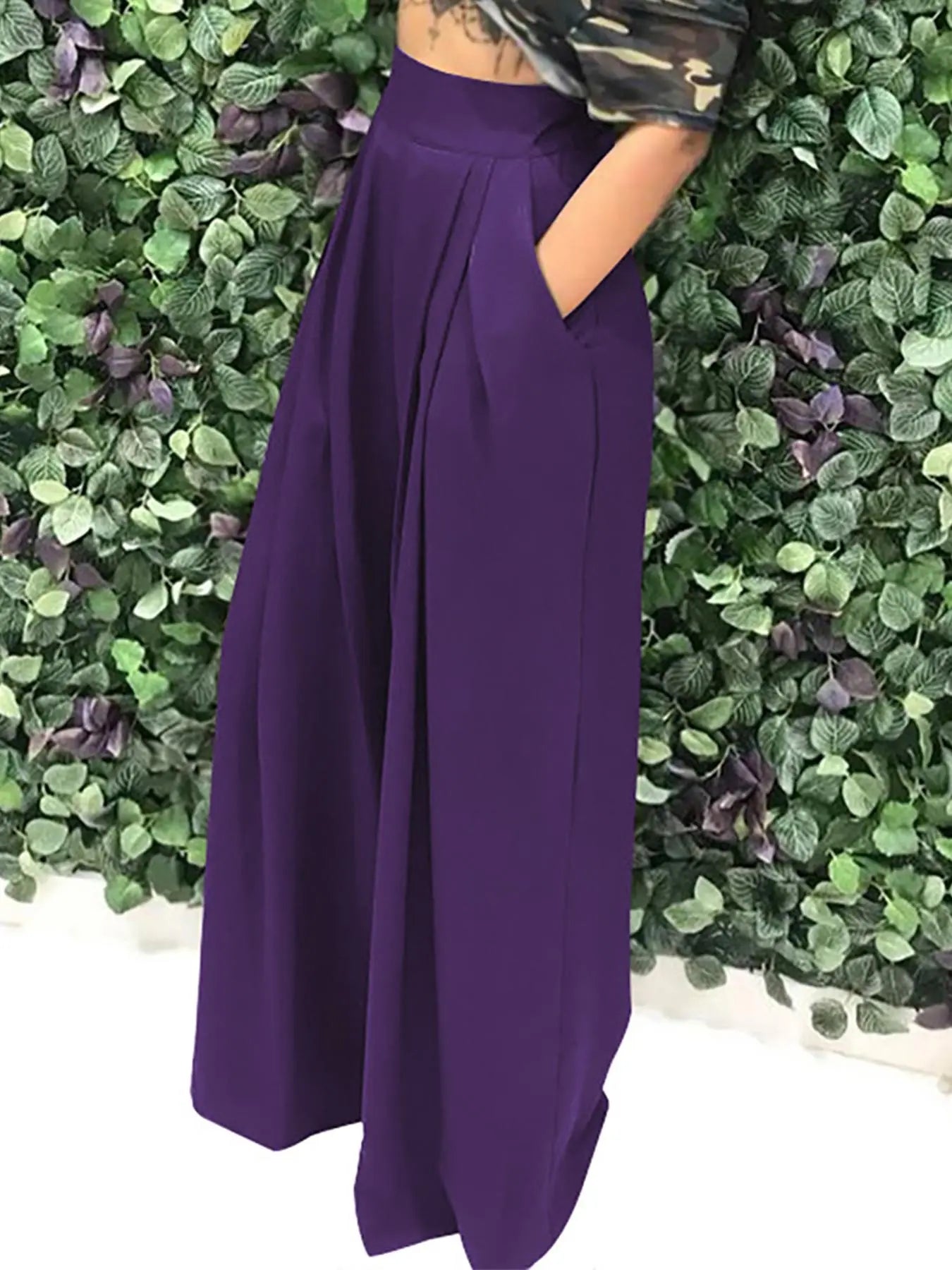 Women's Plain Plicated Pocket Wide Leg Pants