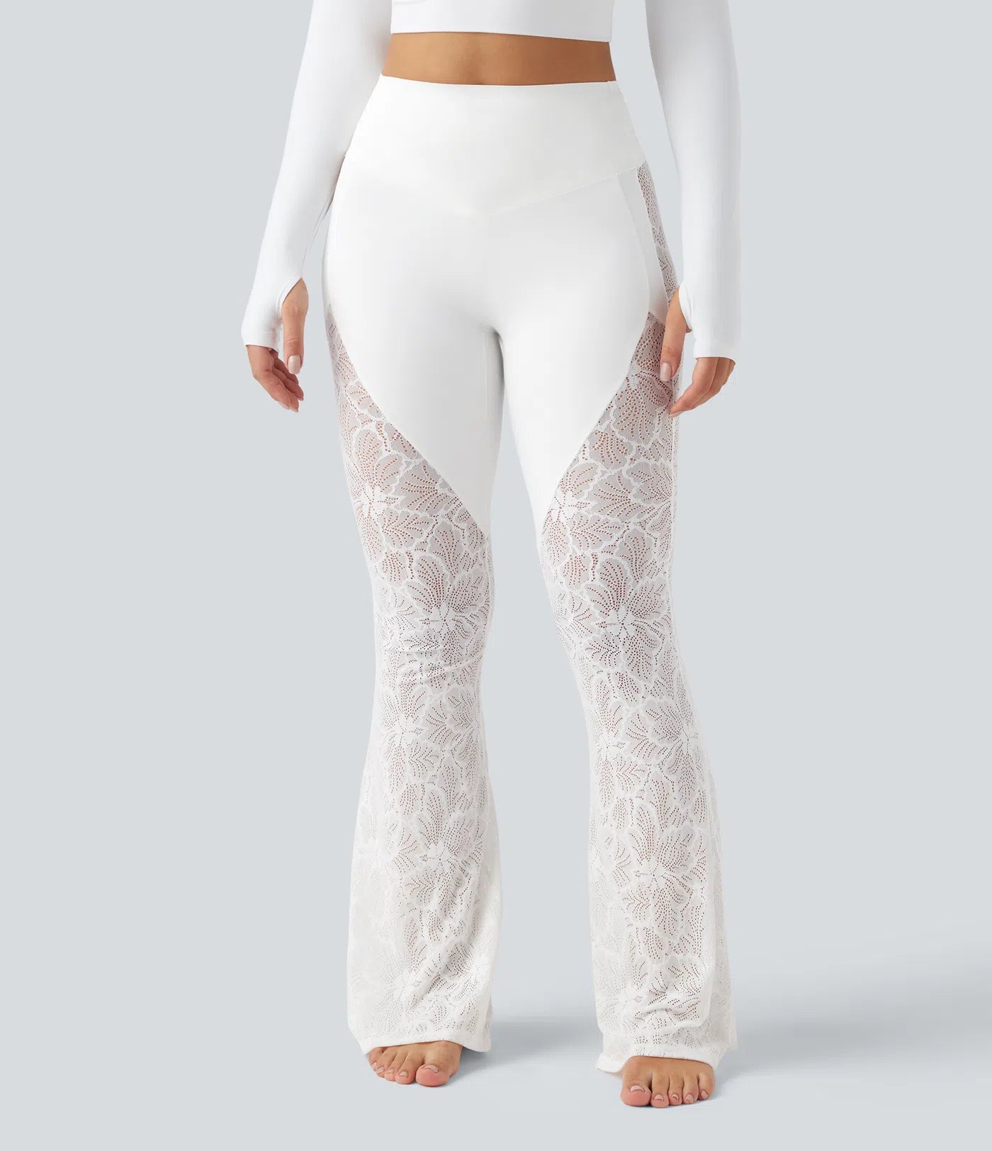UltraSculptTM High Waisted Tummy Control Contrast Lace Yoga Flare Leggings with Pocket