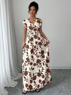 Elenzga Women V-Neck Allover Print Casual Long Dress