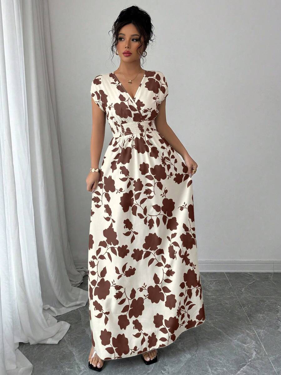 Elenzga Women V-Neck Allover Print Casual Long Dress