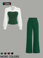 Women's Long Sleeve Colorblock Patchwork Shirt Set, Slimming Waist Design, Straight Leg Pants, Casual Fashion, Chic, Style, 2 Piece Set, Womenswear