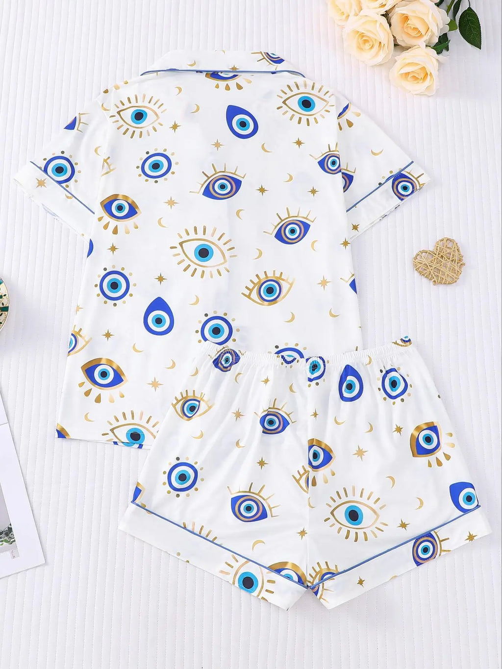 Women's All Over Cartoon Eye Print Short Sleeve Two-Piece Set
