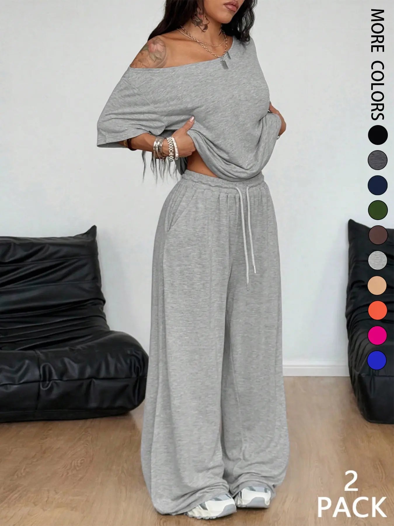 Women's Minimalist Off Shoulder T-Shirt & Wide Leg Pants Set