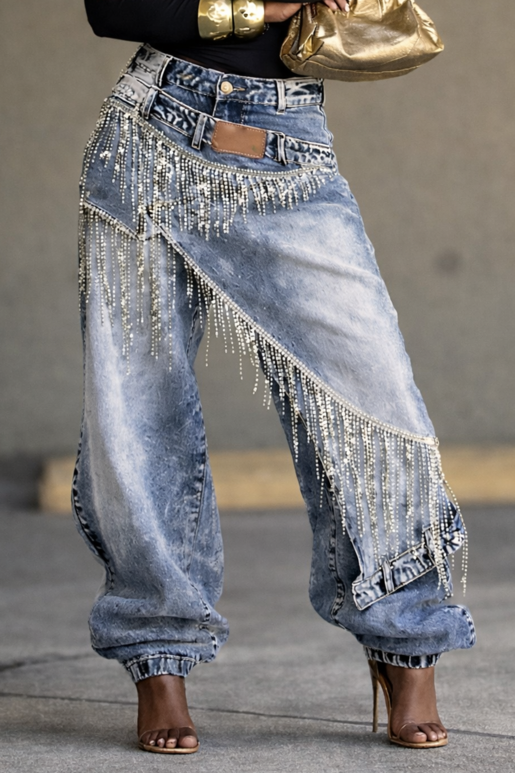 Women's Rhinestone Tassel Faux Two-piece Jeans
