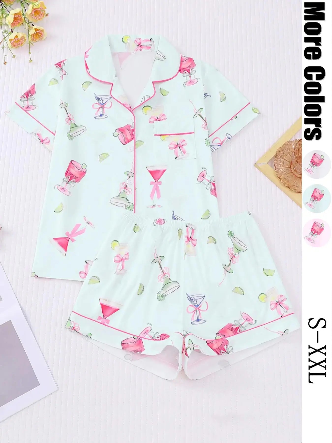 Women's All-Over Cocktail Print Button Front Shirt & Elastic Waist Shorts Pyjama