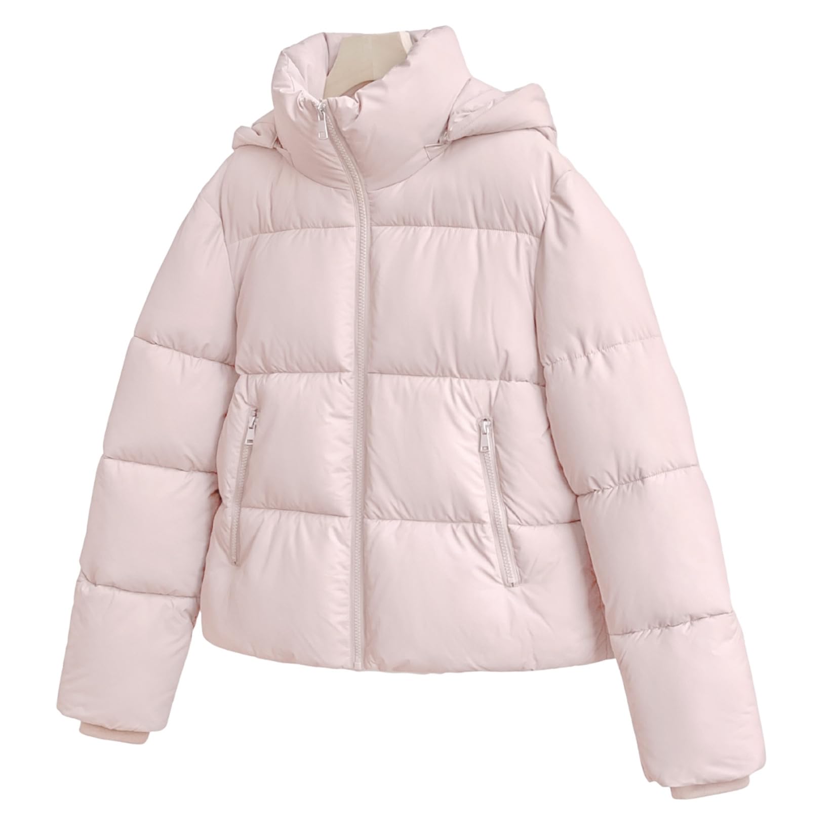 Warm Core Premium Short Puffer Jackets with Removable Hood & Optional Faux Fur Linging, Lady Casual Outerwear Longsleeves Zip Pockets Warm Quilted Coat