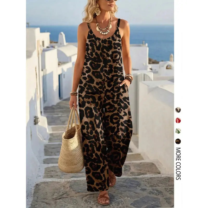 Women's Casual Chic Bohemian Printed Loose One-Piece Jumpsuit, Summer Fashion Sleeveless Jumpsuit, Comfortable and Stylish Boho Overall