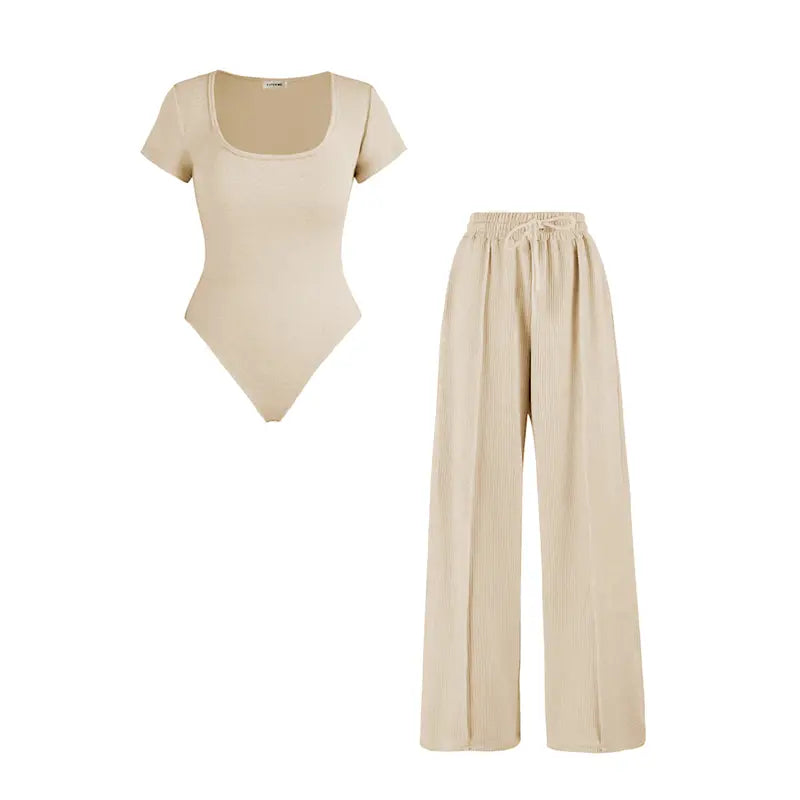 Women's Trendy Square Neck Shaping Bodysuit & High Waist Wide Leg Pockets Trousers Co-ord,Short Sleeve Shapewear,Two-Piece Outfit for Womenswear