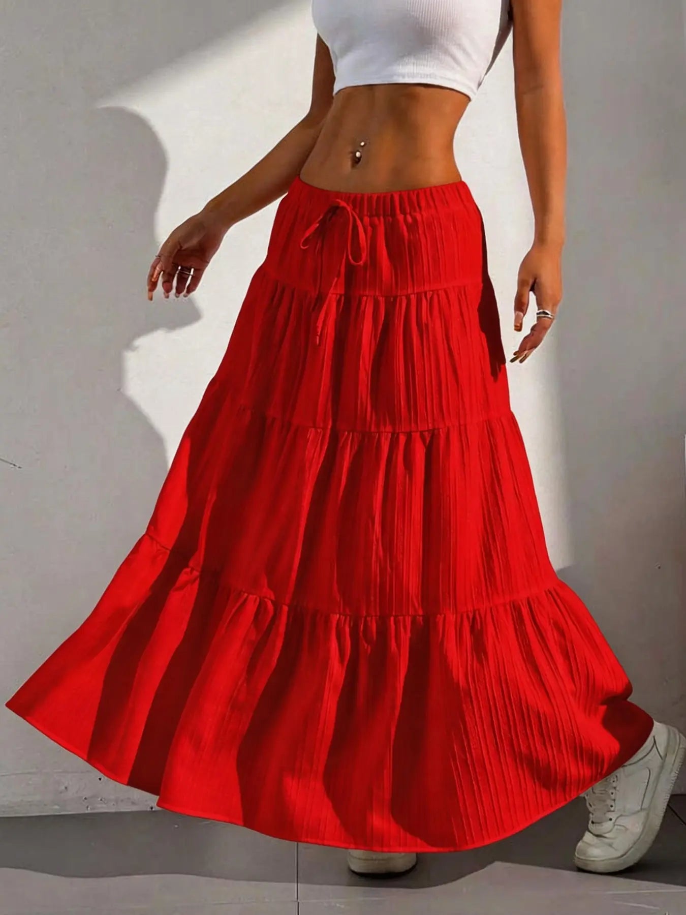Women's Solid Color Tie Front Loose Skirt, Boho Bohemian Fashion Casual Maxi Long Skirt for Daily Wear, Holidays and Vacations, Summer Ladies Bottoms