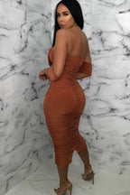 Bardot Cowl Neck Ruched Midi Dress