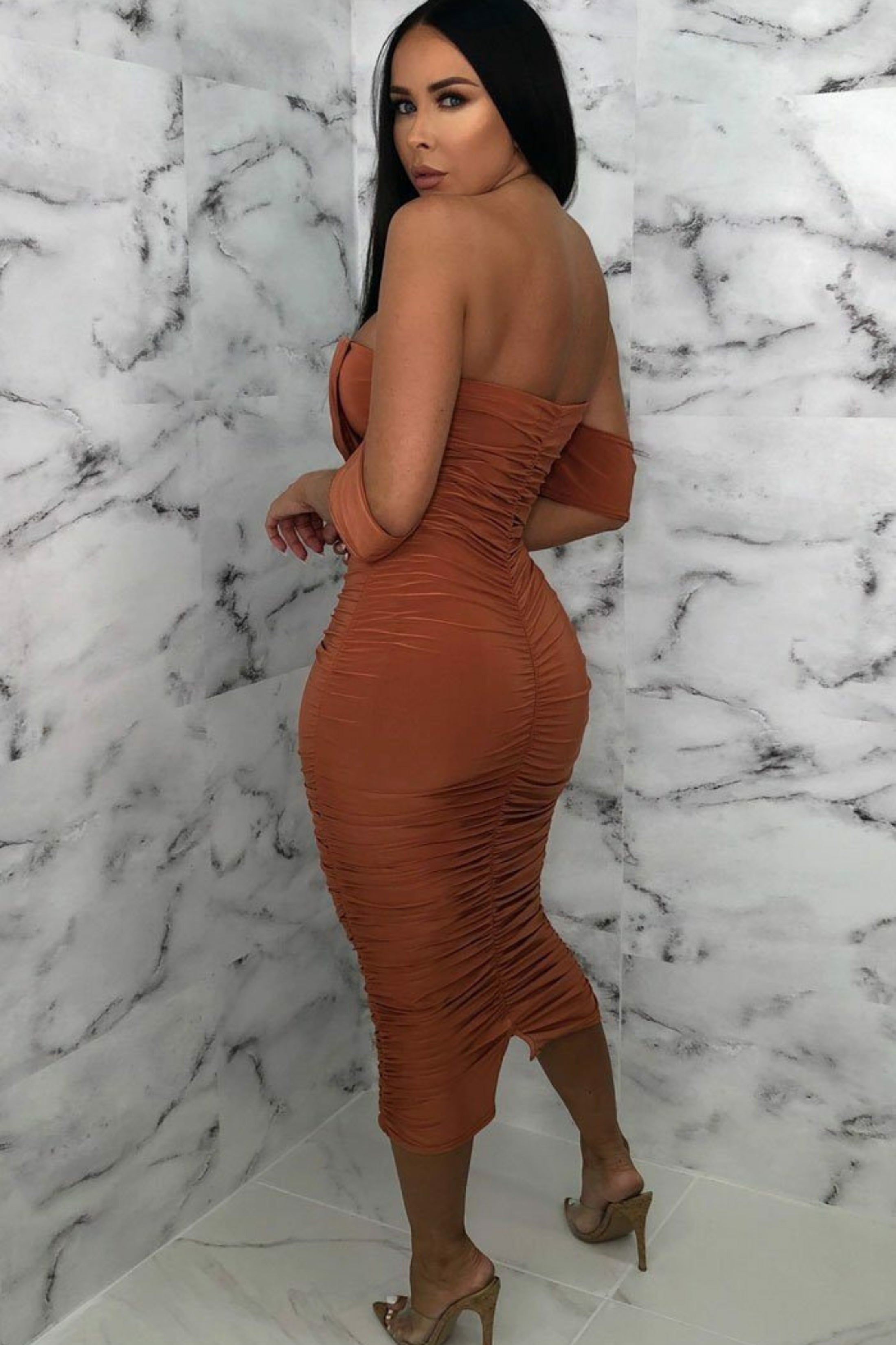 Bardot Cowl Neck Ruched Midi Dress
