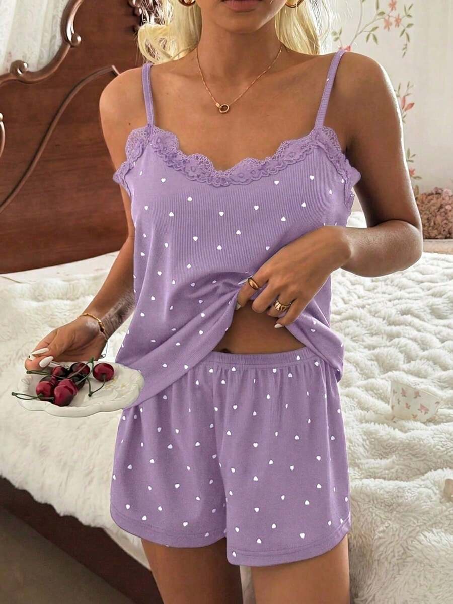 CottageSlumber Knitted Rib Fabric, Heart Print Patchwork With Lace Trim, Romantic Sweet Cute Sexy Camisole Women Summer Sets Outfit Pajamas Polka Dot Short Set PJS
