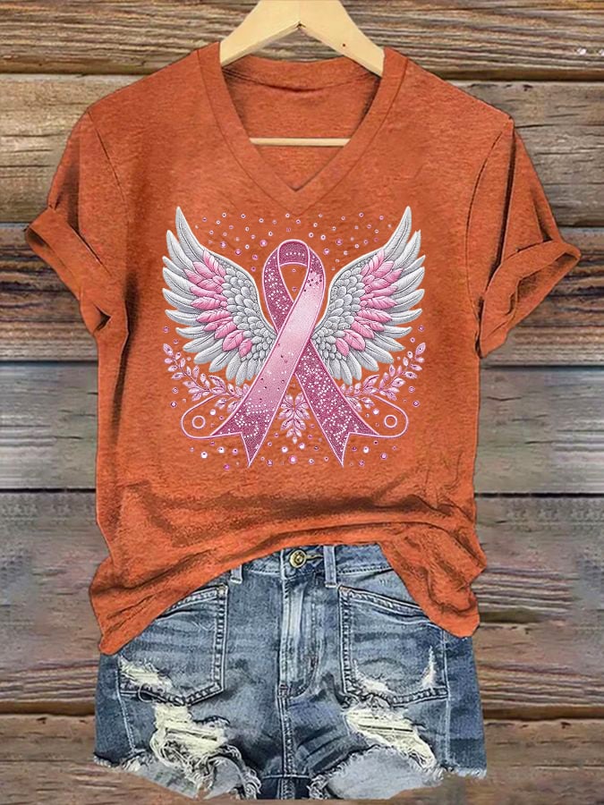 Women's casual pink ribbon wings T-shirt
