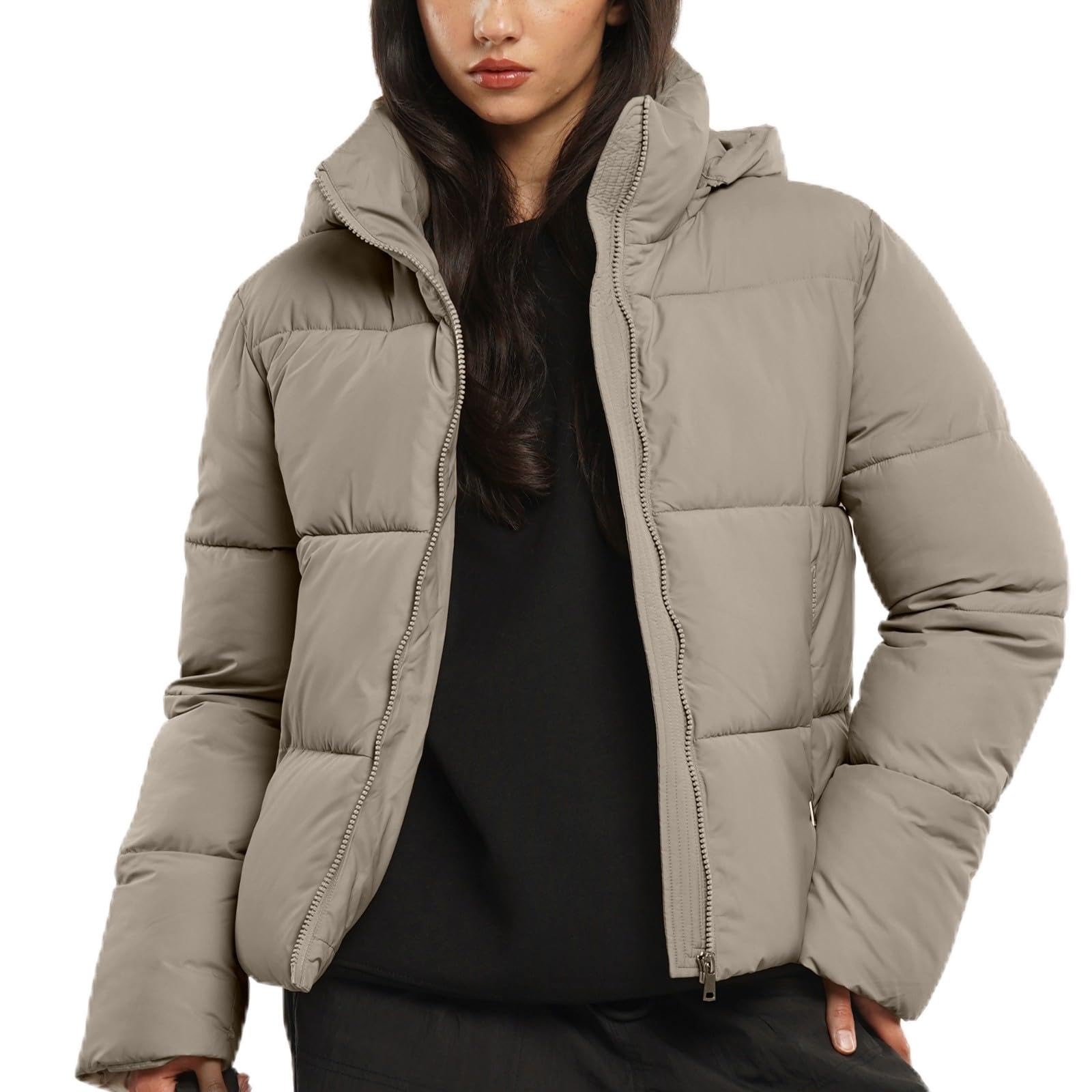 Warm Core Premium Short Puffer Jackets with Removable Hood & Optional Faux Fur Linging, Lady Casual Outerwear Longsleeves Zip Pockets Warm Quilted Coat