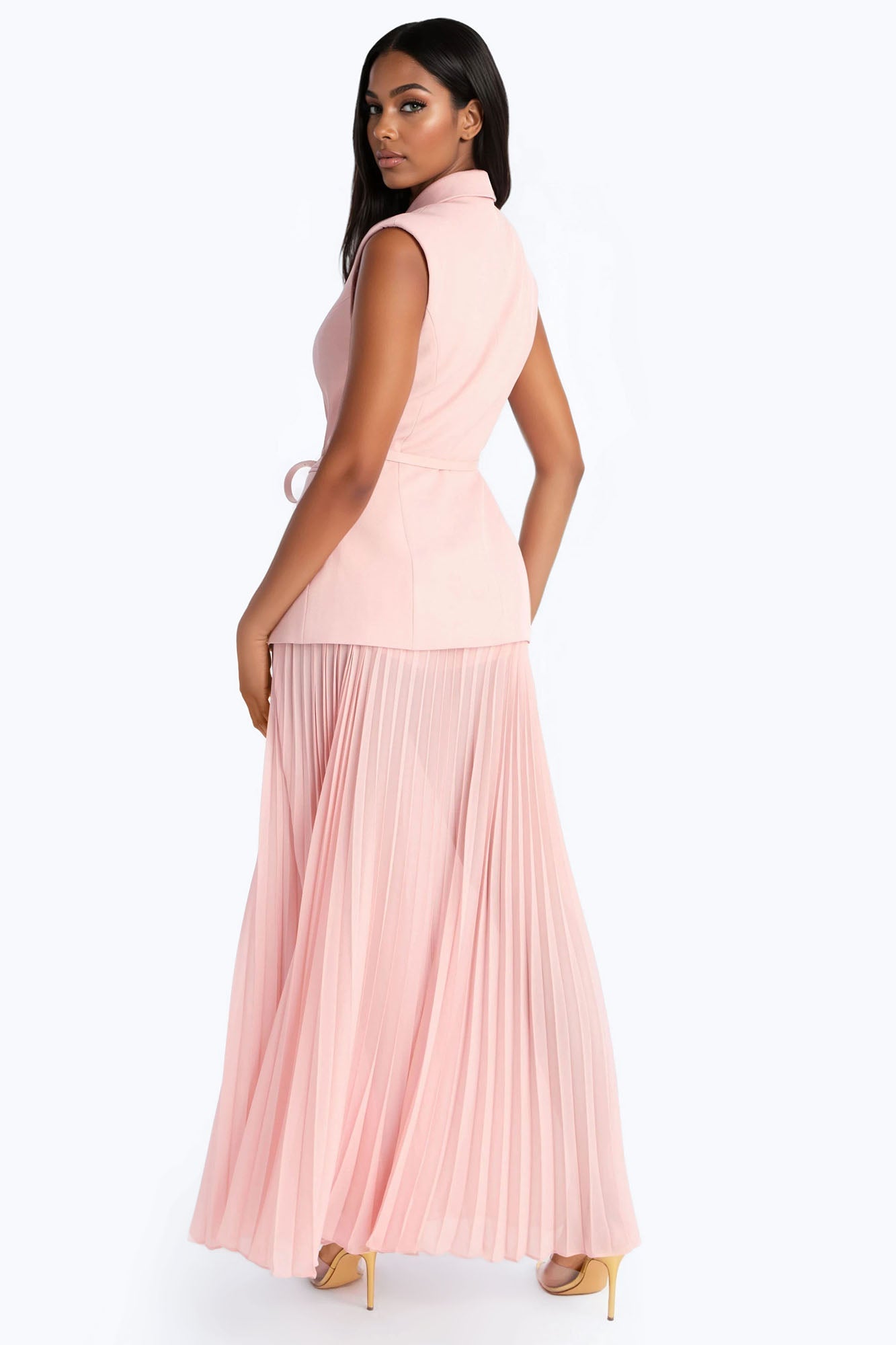 Aria Belted Blazer Pleated Maxi Skirt Set - Black