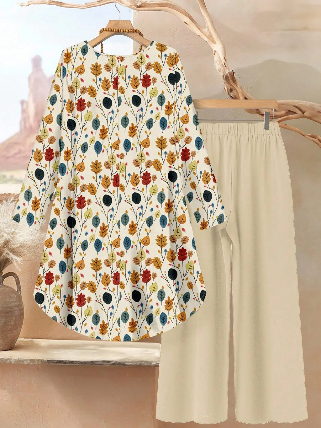 2pcs Women Vintage Floral Loose Fit Round Neck Long Sleeve Top And Pants Set, Suitable For Autumn/Winter Ladies Casual Sets Fall Clothes
