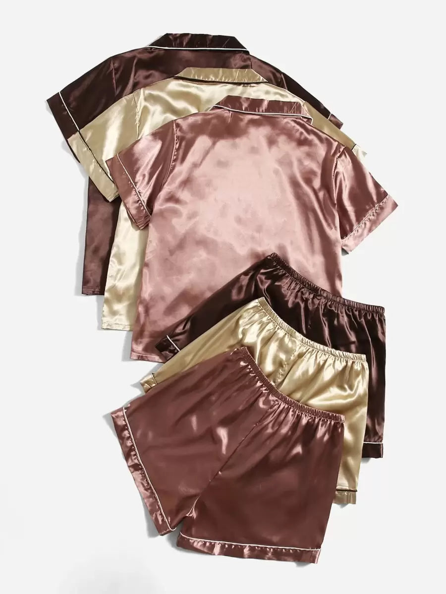 3sets Contrast Piping Satin Blouse & Shorts PJ Set / Pajama Set