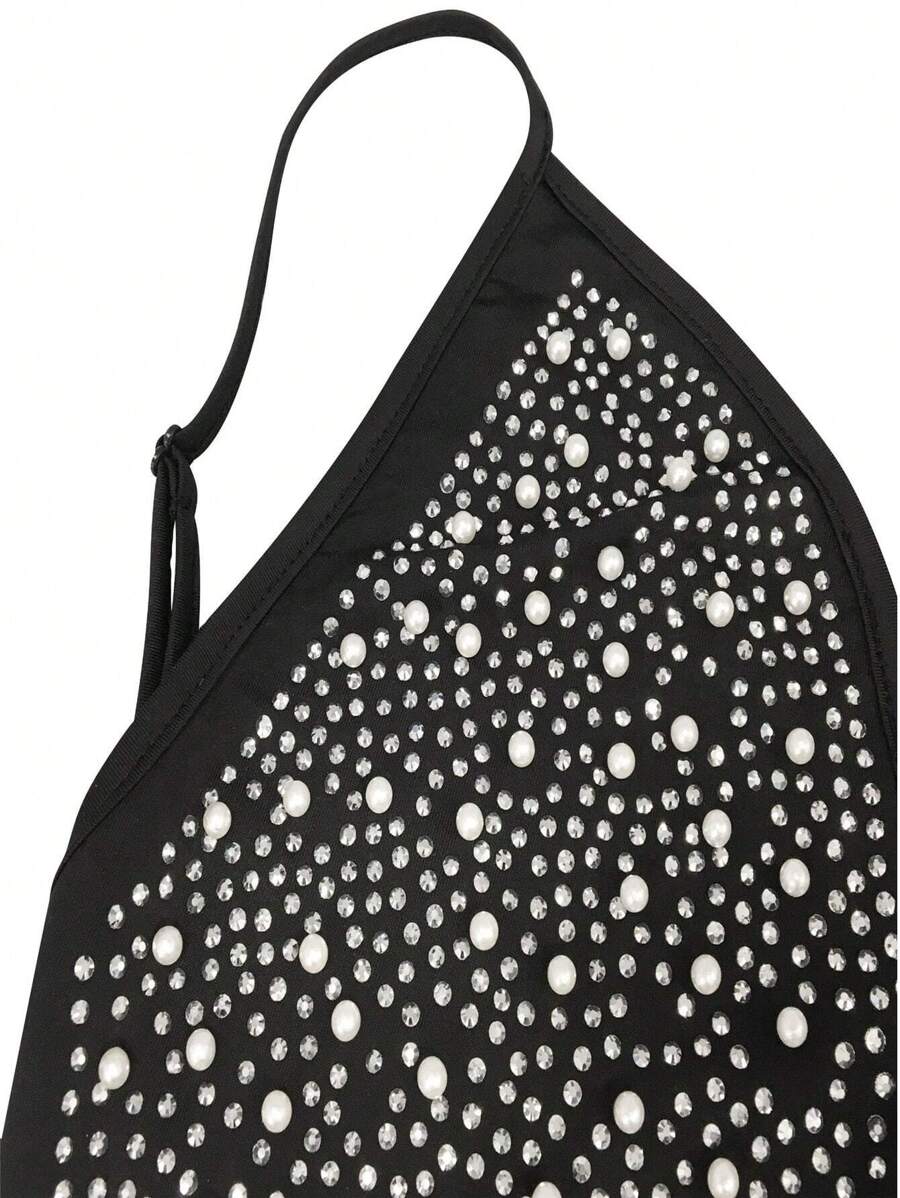 Elegant Women's Rhinestone Sparkling Nightclub Sexy Sleeveless Long Dress Formal Evening Gown Birthday Party Wedding Guest Dress Black Polka Dot