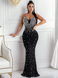 Elegant Women's Rhinestone Sparkling Nightclub Sexy Sleeveless Long Dress Formal Evening Gown Birthday Party Wedding Guest Dress Black Polka Dot