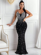 Elegant Women's Rhinestone Sparkling Nightclub Sexy Sleeveless Long Dress Formal Evening Gown Birthday Party Wedding Guest Dress Black Polka Dot