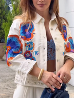 Women Collar Embroidered Flower Casual Jacket