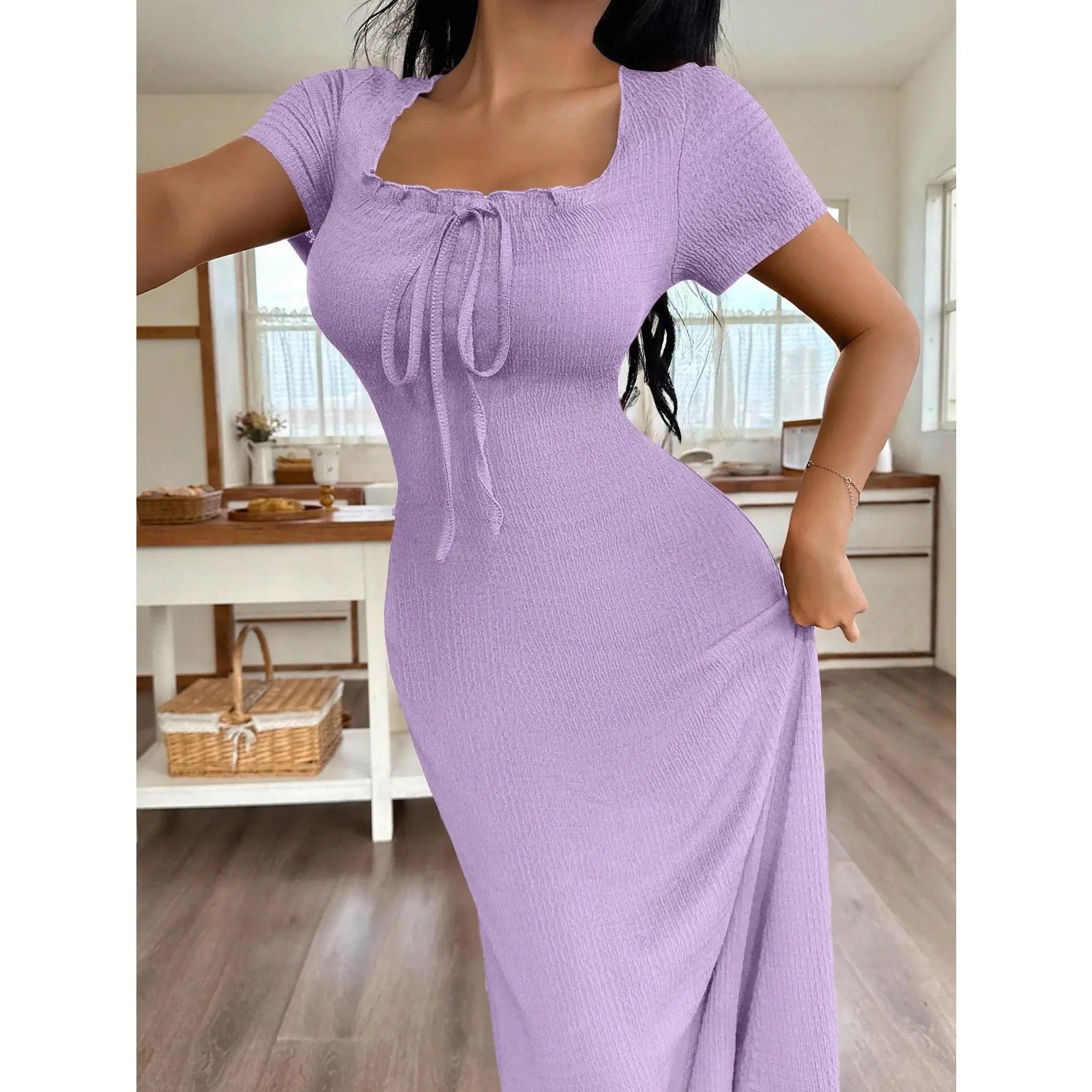 Women's Casual Solid Color Jacquard Gathered Ruffle Trim Square Neck Maxi Loungewear Dress Brown Dress Lounge Dress Summer Dress Tie Front Dress Midi Dress