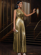 Asymmetrical Neck Pleated Hem Metallic Dress Elegant Formal Evening Prom Wedding Guest Gown, For Graduation, Dinner Party Dress Spring