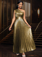 Asymmetrical Neck Pleated Hem Metallic Dress Elegant Formal Evening Prom Wedding Guest Gown, For Graduation, Dinner Party Dress Spring
